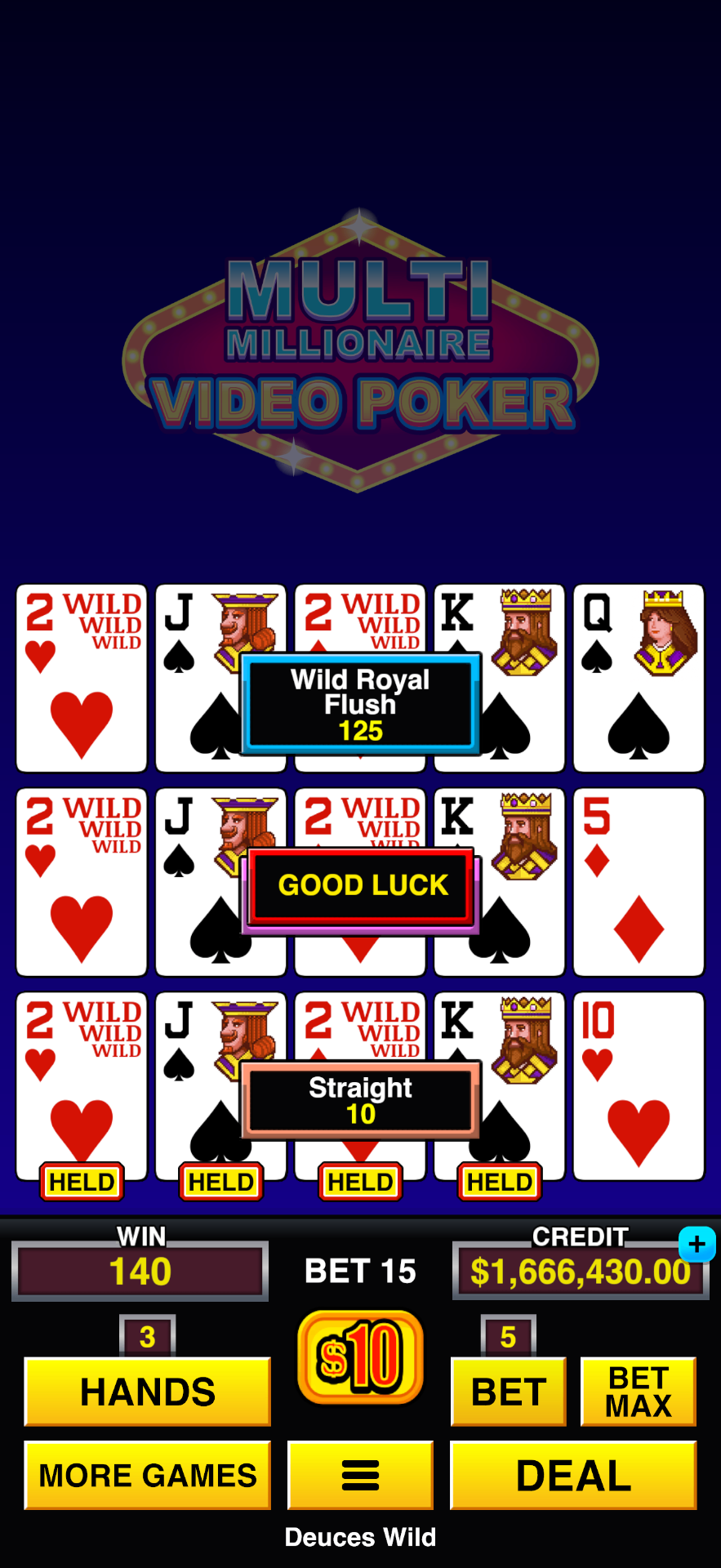 Multi Millionaire Video Poker™ mobile casino game - gameplay screenshot 8 showing in-app interface