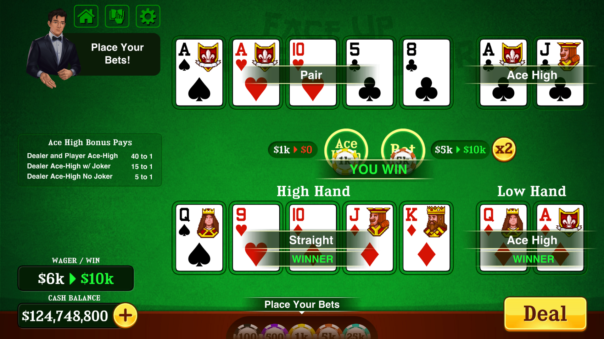 Pai Gow Poker™ mobile casino game - gameplay screenshot 2 showing in-app interface