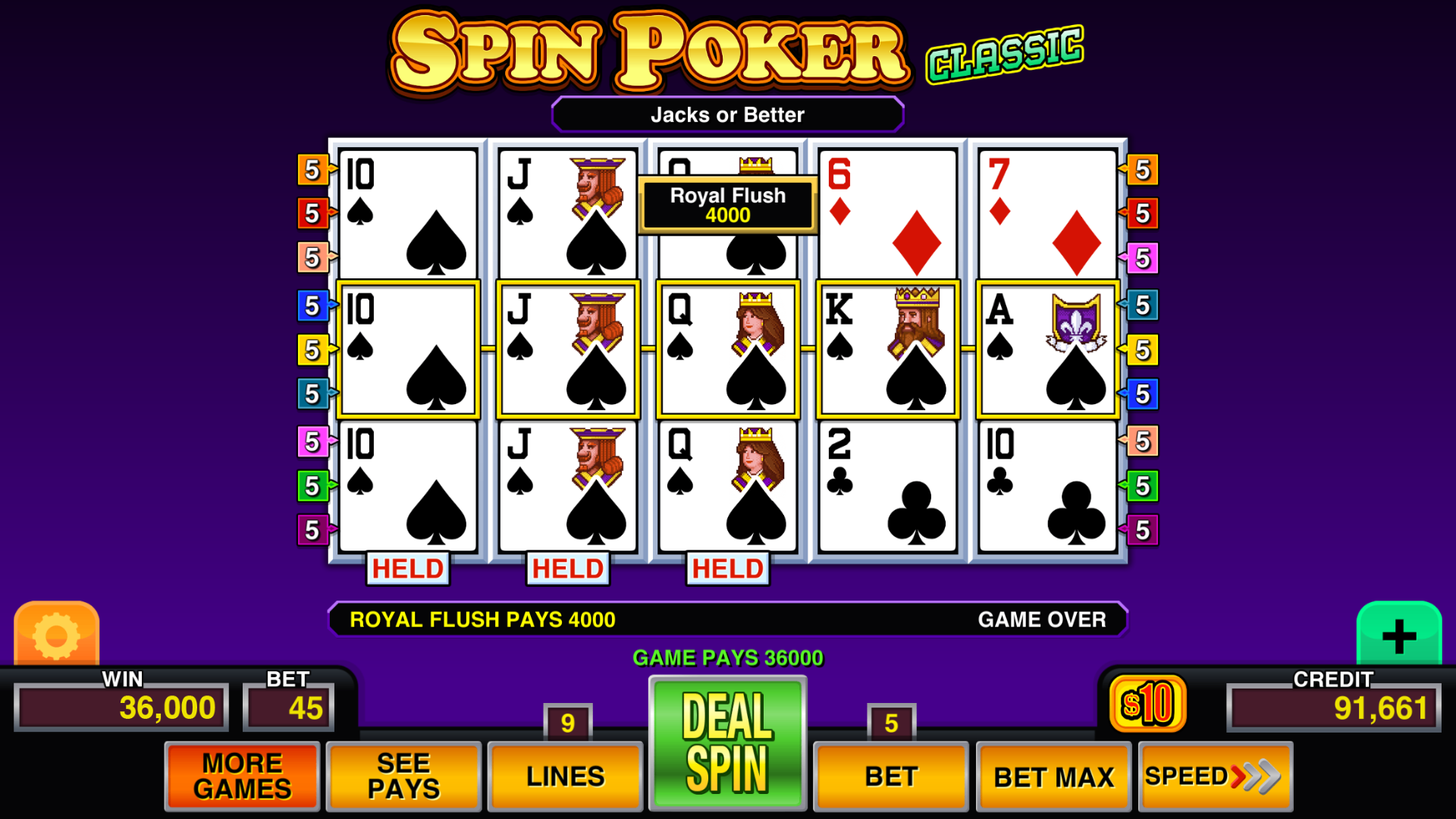 Spin Poker Pro™ mobile casino game - gameplay screenshot 4 showing in-app interface