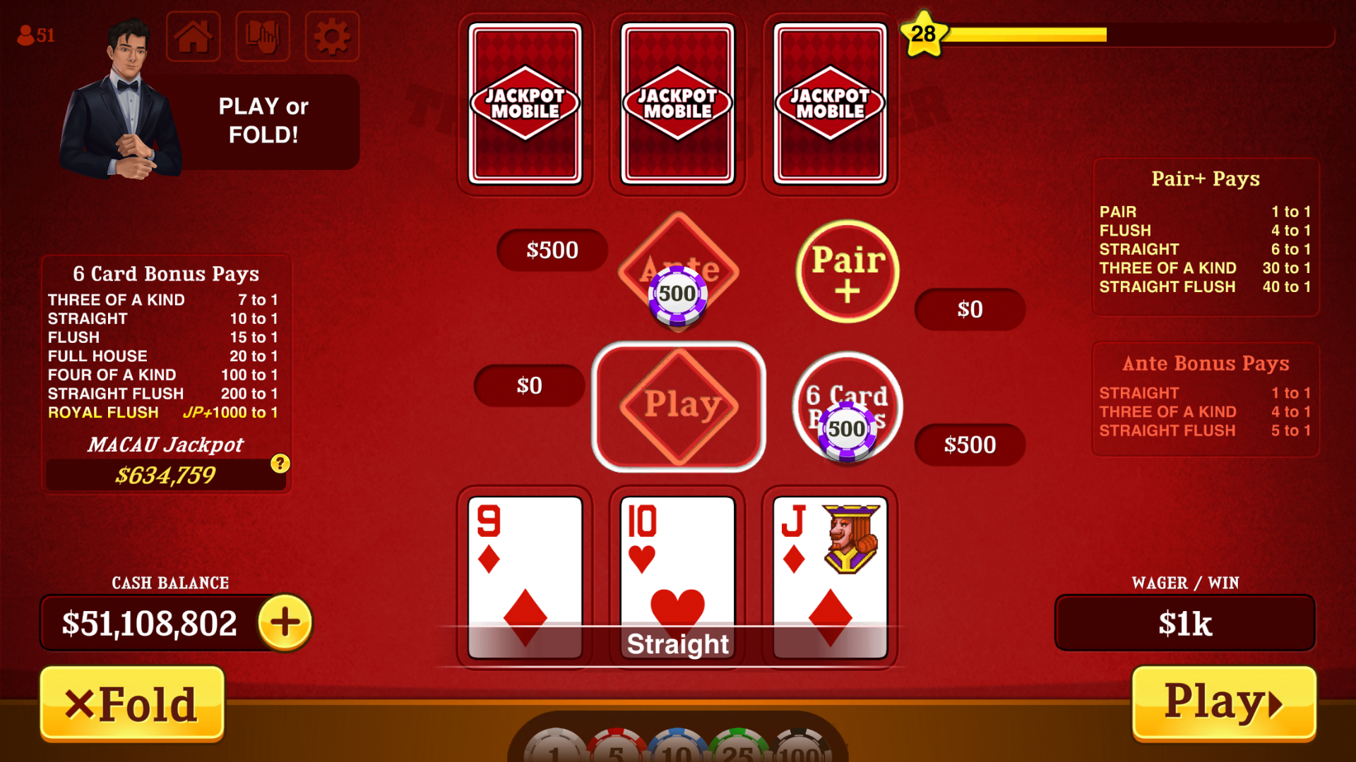 Triple Card Poker™ mobile casino game - gameplay screenshot 4 showing in-app interface